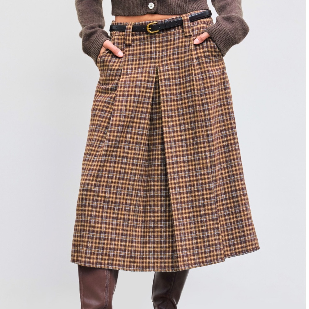 Cider Wool-Like Mid Rise Checks Pleated Maxi Skirt NWT